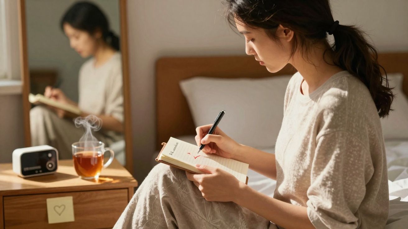 Mulher sentada na cama a escrever numa agenda, com chá quente e rádio numa mesa ao lado.