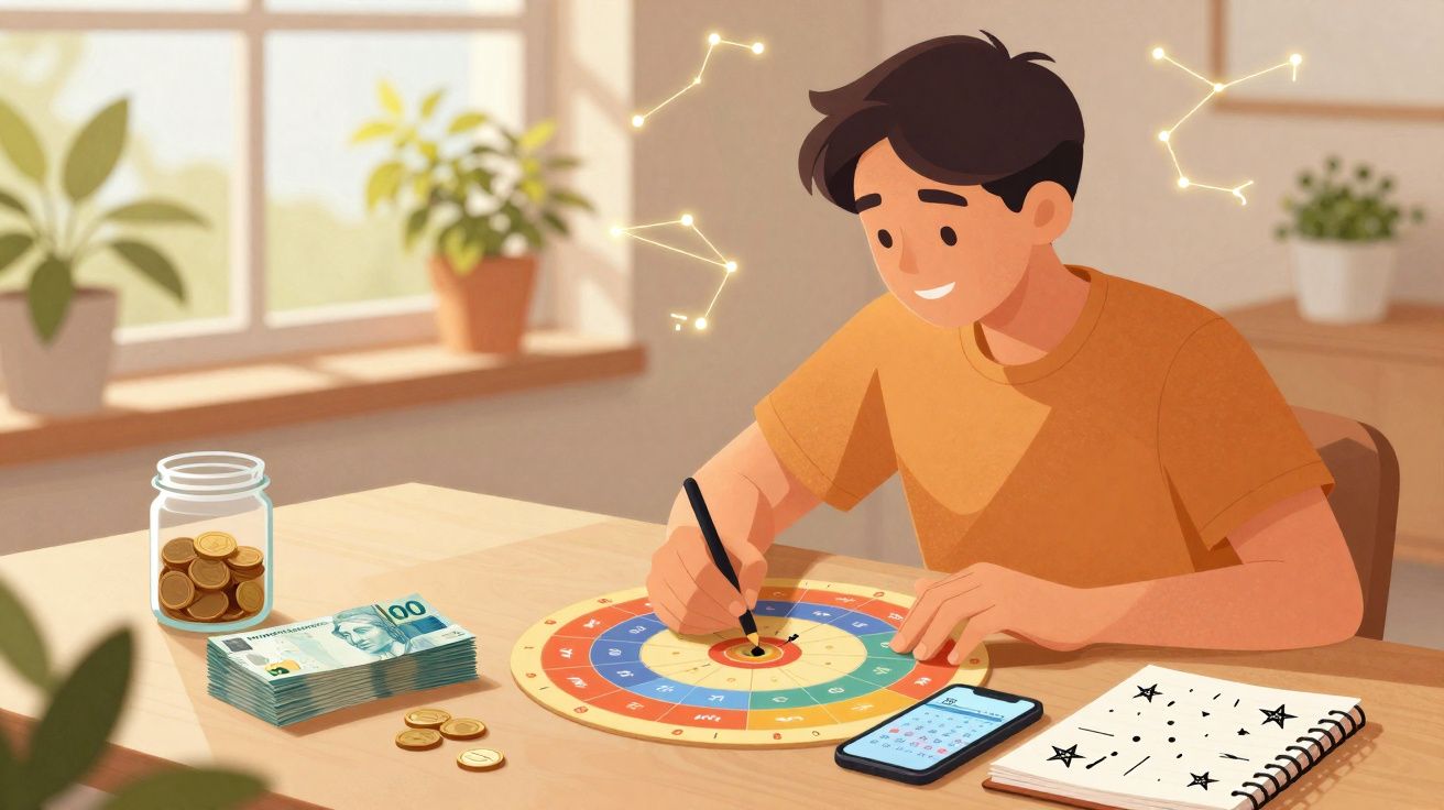 Jovem com camiseta laranja desenha num círculo colorido, com dinheiro, telemóvel e caderno na secretária.