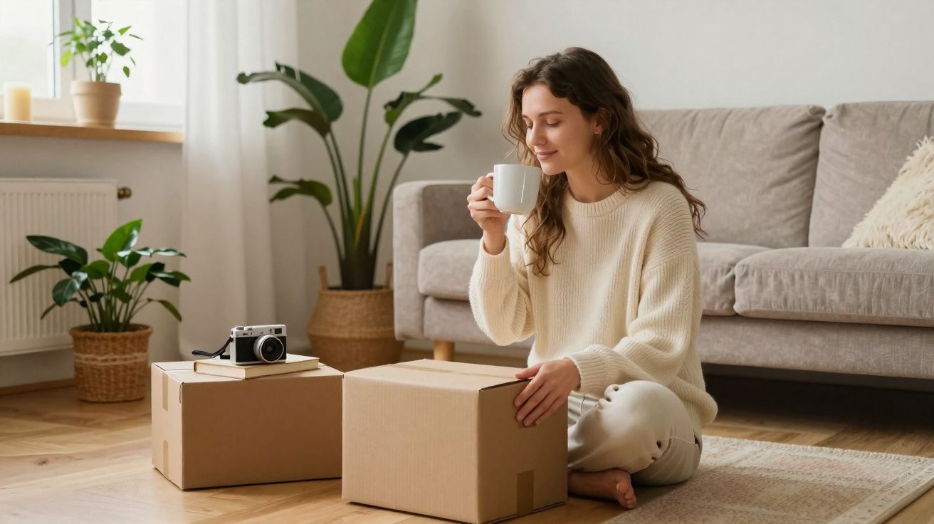 Mulher sentada no chão a beber chá, rodeada de caixas de papelão numa sala acolhedora com plantas.