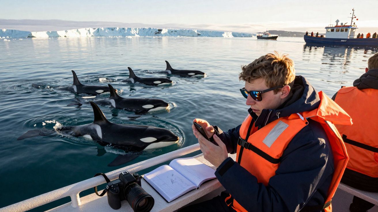 Homem com colete salva-vidas observa e tira fotos de orcas perto de um barco e icebergues ao fundo.