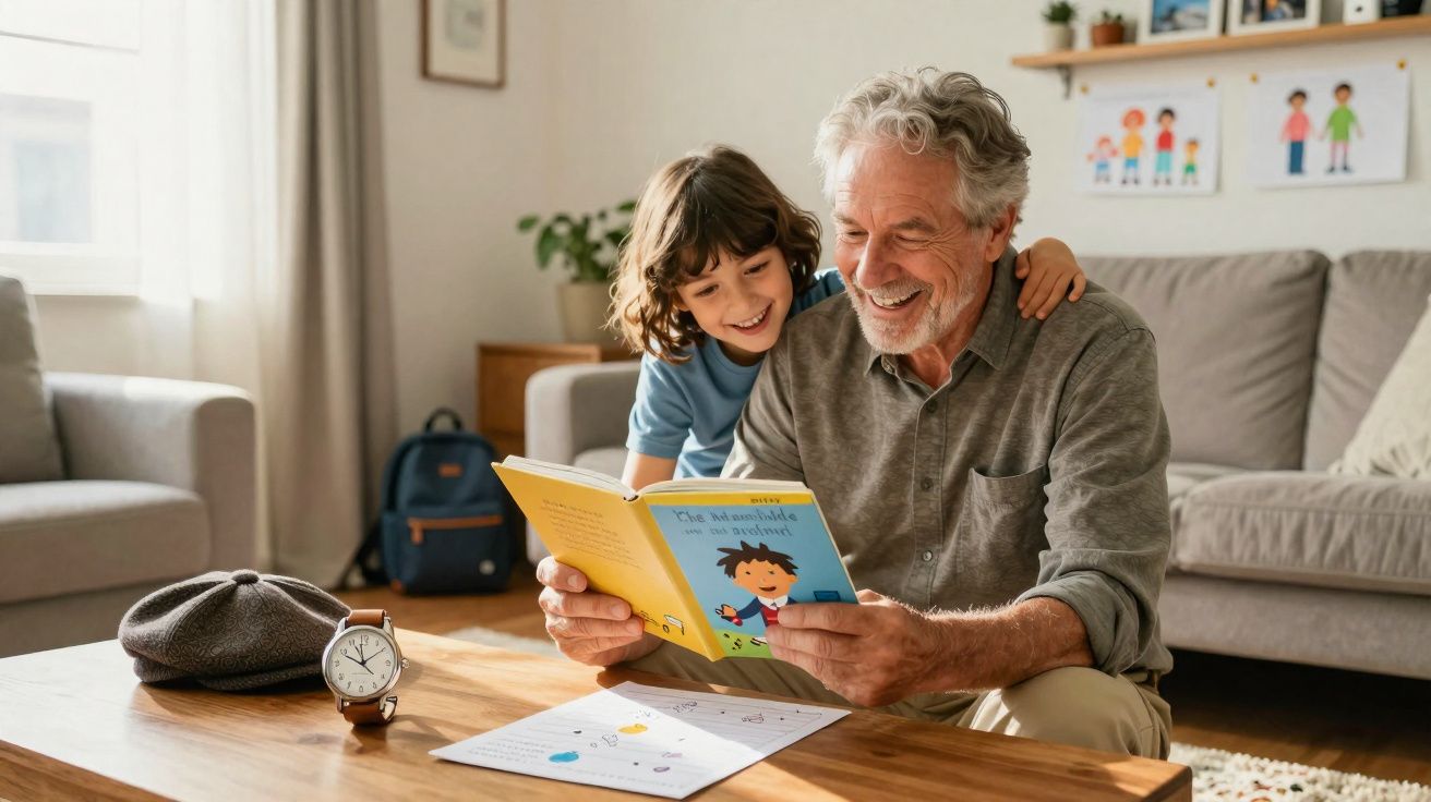 Avô e neto felizes a ler um livro juntos numa sala de estar acolhedora e iluminada.