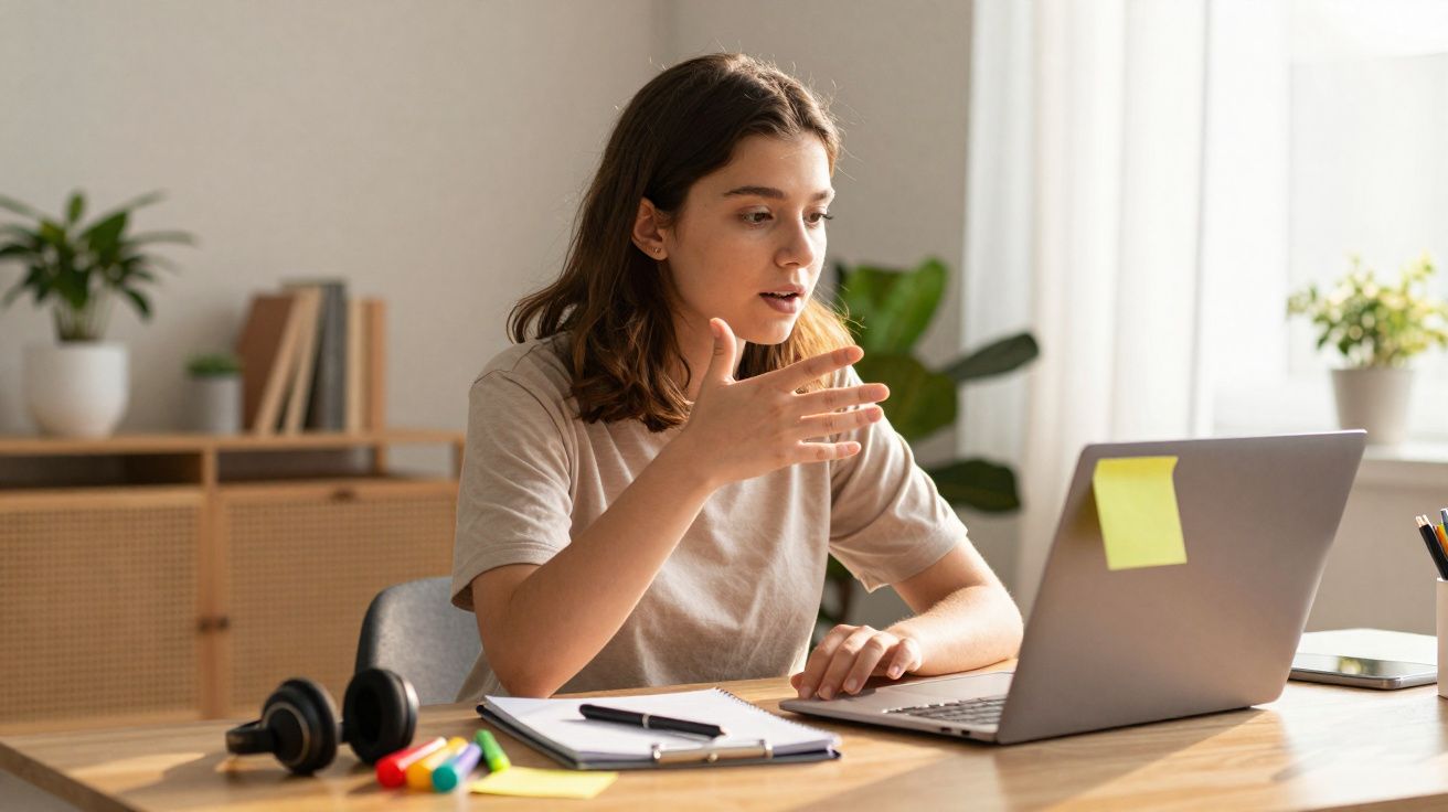 Jovem mulher a participar numa videochamada em casa, sentada à secretária com computador portátil e material de estudo.