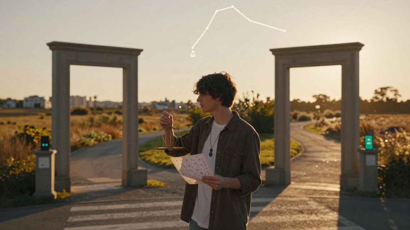 Jovem com balança e mapa entre dois arcos, numa encruzilhada, ao pôr-do-sol, com a constelação da Balança no céu.