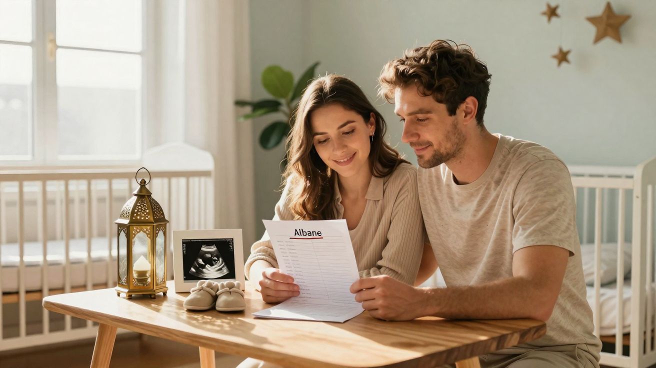 Casal jovem sentado a ler um documento numa sala de bebé decorada com berço e ultrassom.
