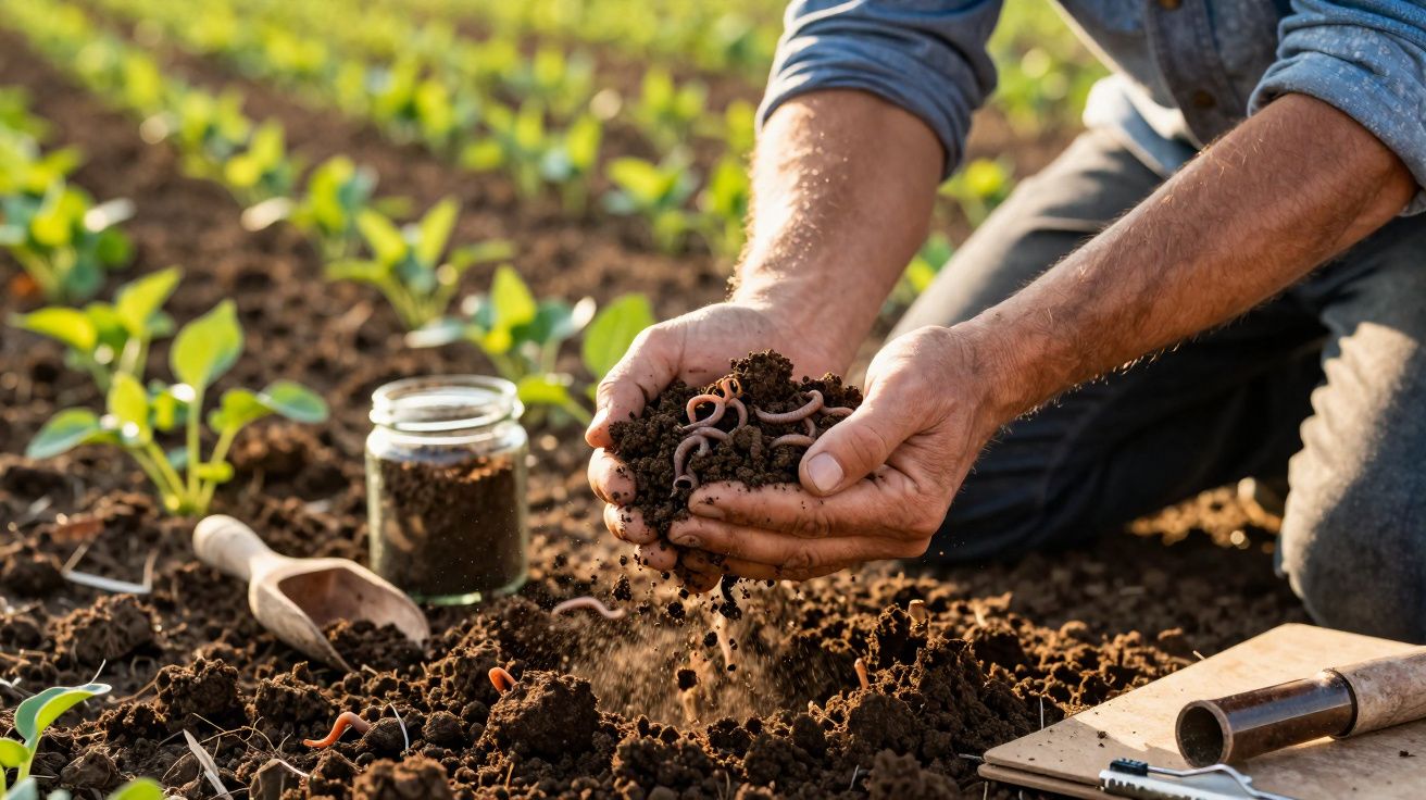 Mãos segurando terra com minhocas em plantação, com jarra, enxada e muda de plantas ao fundo.