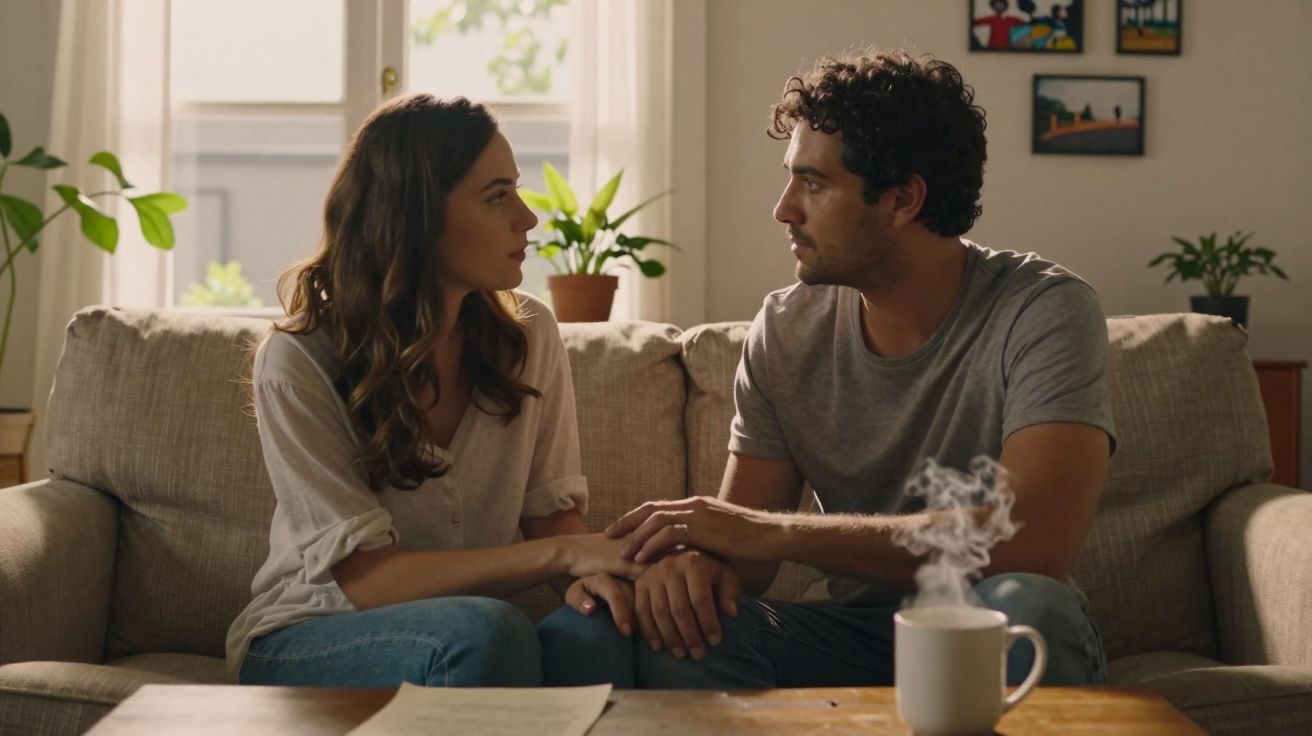Casal sentado no sofá a conversar e confortar-se, com caneca de café a fumegar na mesa à frente.