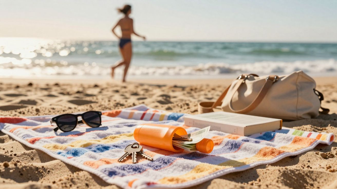 Toalha de praia com óculos escuros, chaves, protector solar e livro, com pessoa a correr na areia junto ao mar.