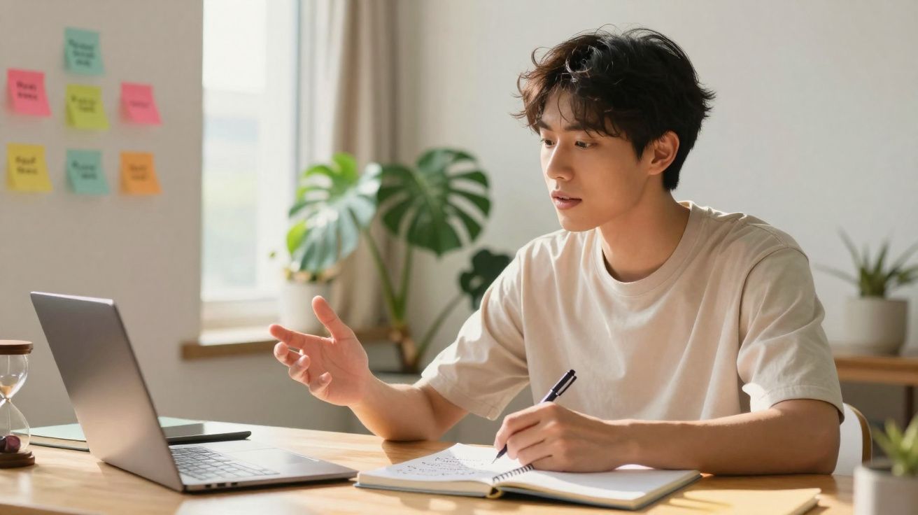 Jovem sentado à mesa a fazer anotações e falar em videoconferência com laptop aberto.