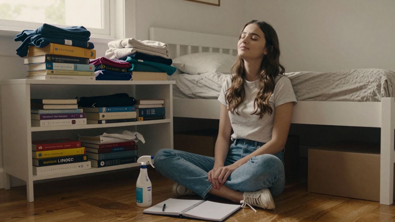Mulher sentada no chão ao lado da cama rodeada por roupas e livros, segurando um caderno aberto.
