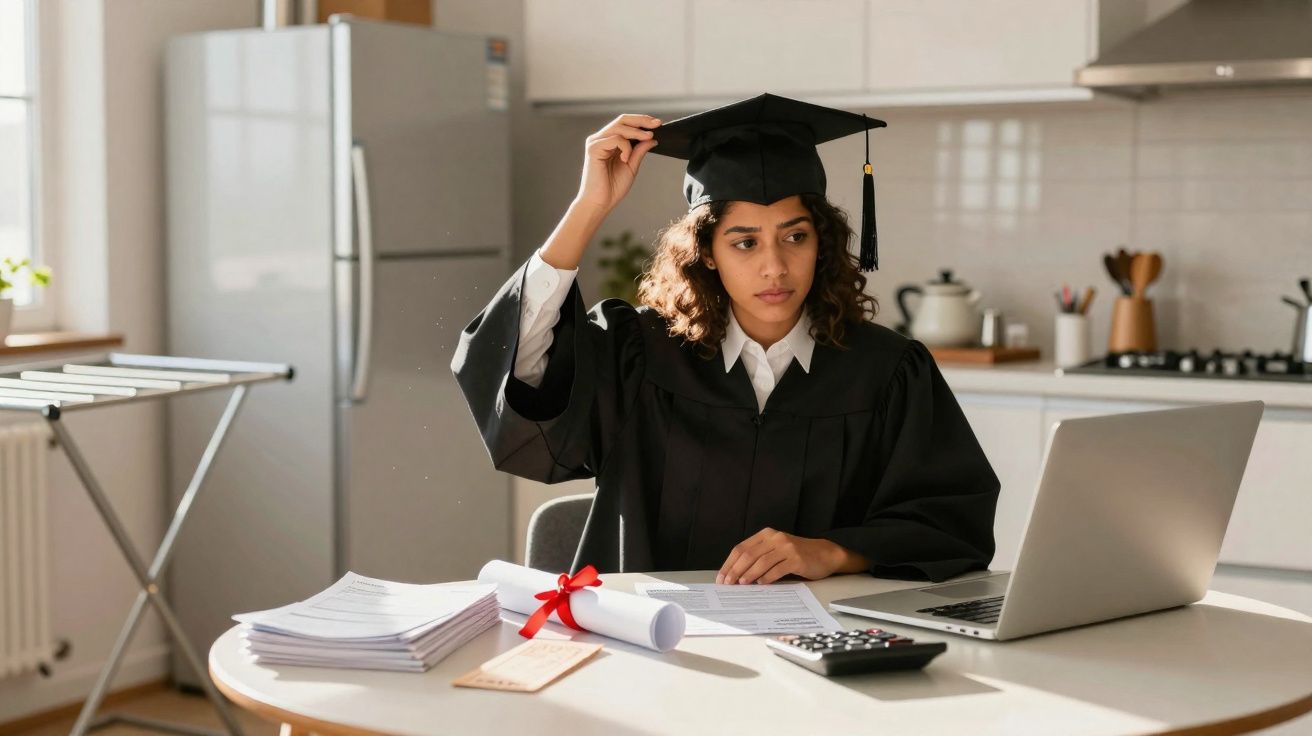 Jovem a usar bata e capelo de graduação sentada numa mesa com diploma, laptop e documentos numa cozinha.