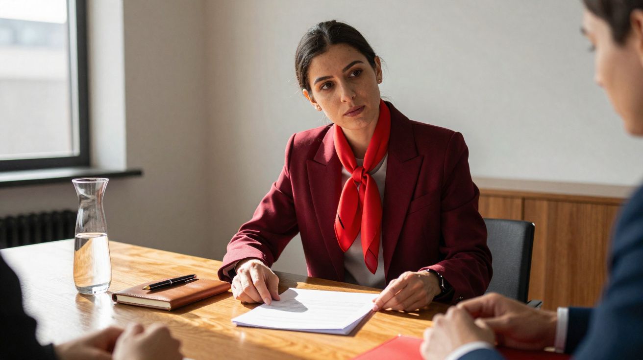 Mulher com blazer vermelho e lenço, sentada à mesa, em reunião de trabalho, ouvindo atentamente.