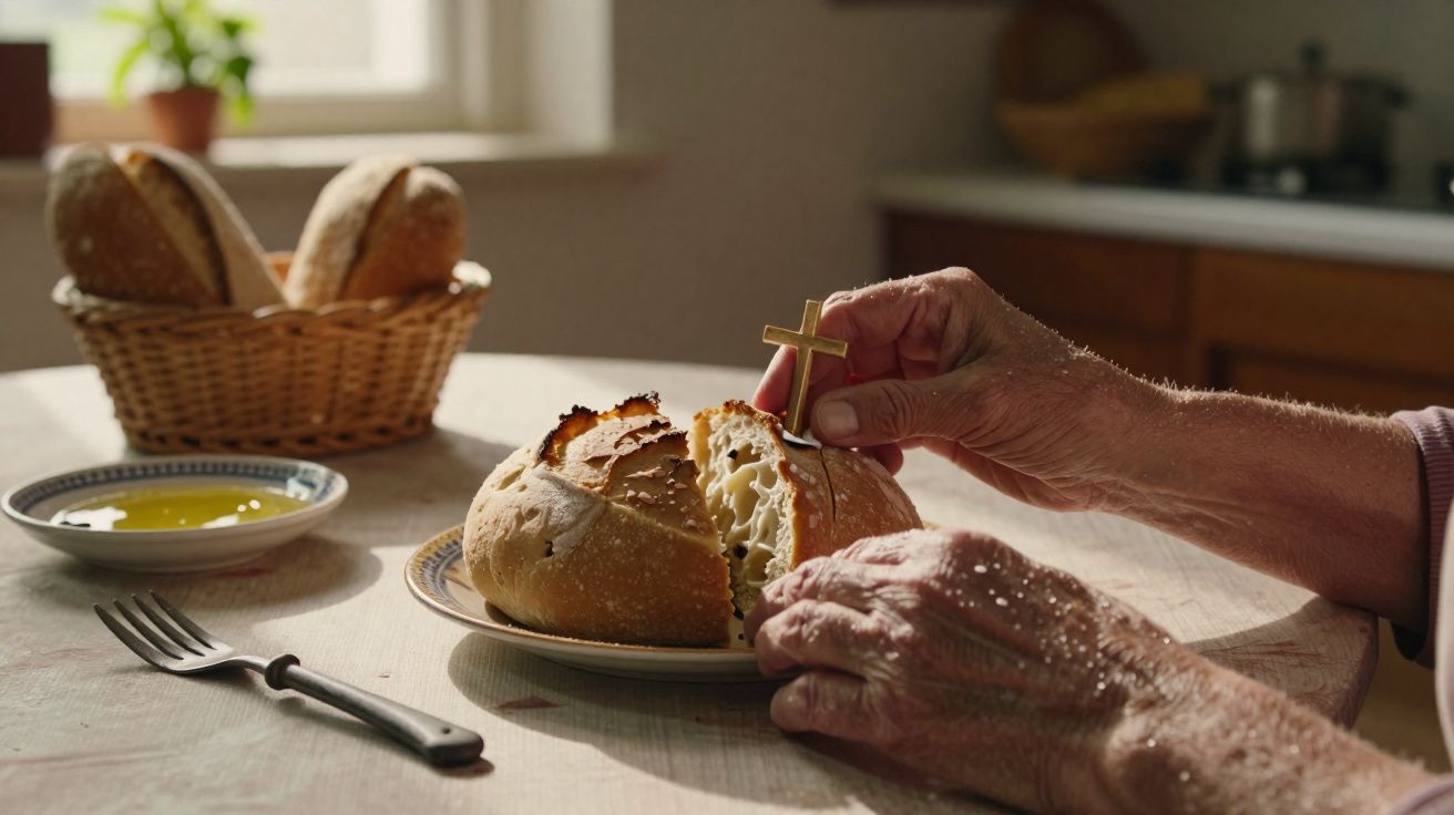 Mãos idosas a partir um pão redondo com uma pequena cruz de madeira num prato sobre mesa de cozinha.