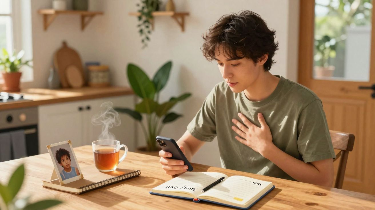 Jovem sentado à mesa, com caderno aberto e chá quente, lê mensagem no telemóvel num ambiente acolhedor.