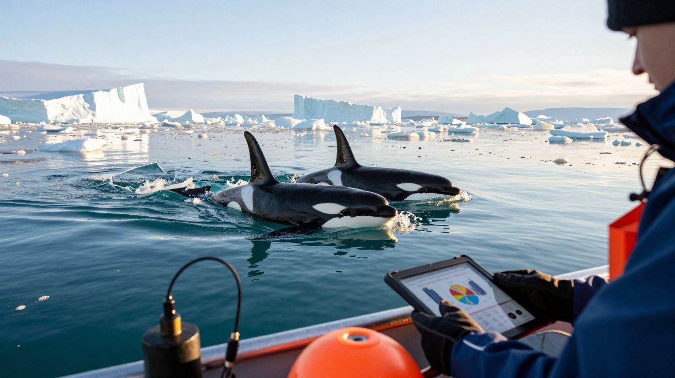 Duas orcas a nadar próximas a um barco com uma pessoa a observar dados num tablet, com icebergs ao fundo.