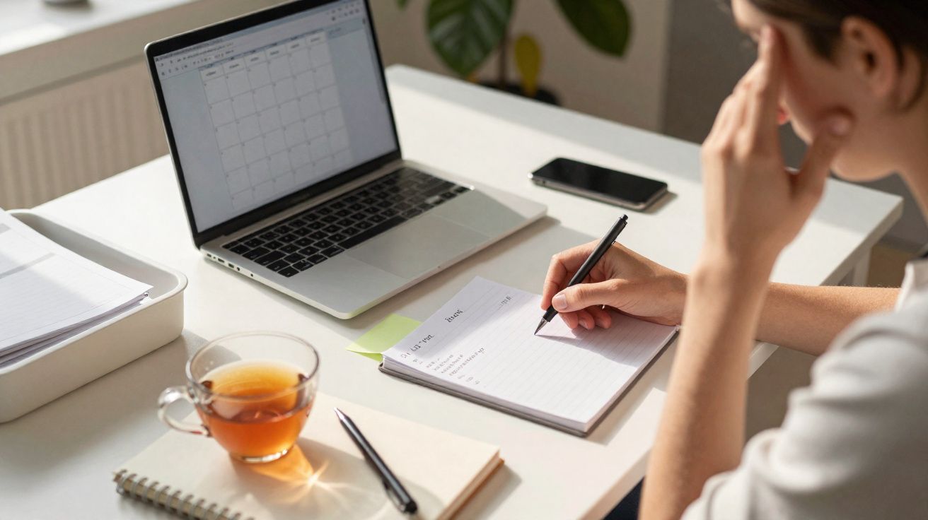 Pessoa a trabalhar numa secretária com portátil, caderno, chá e telemóvel, a escrever numa folha de papel.