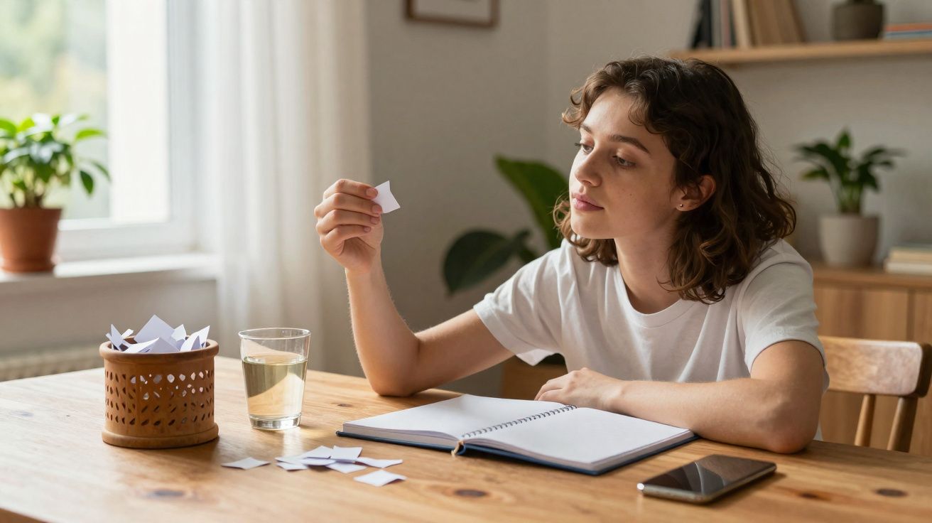 Jovem a escolher um papel num recipiente enquanto está sentada à mesa com caderno aberto e telemóvel.