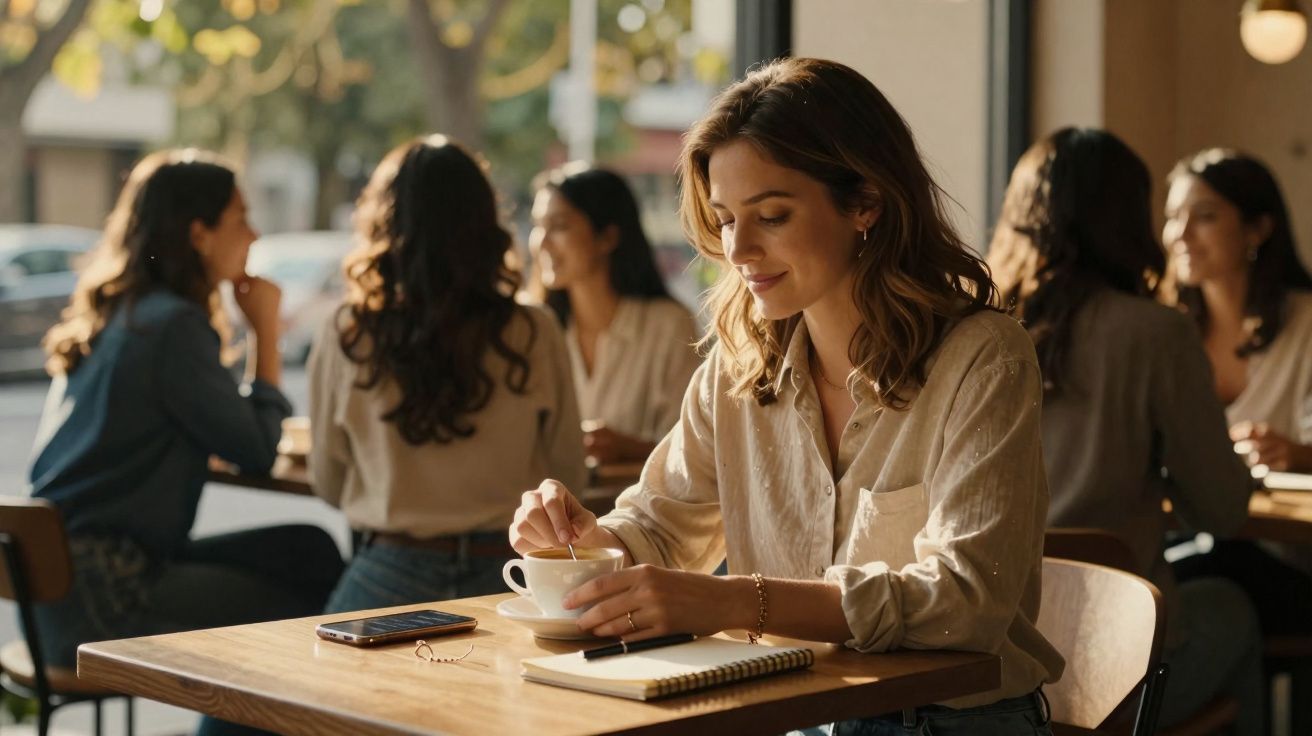 Mulher num café, mexendo o café e sorrindo, com caderno e telemóvel na mesa, outras pessoas ao fundo.