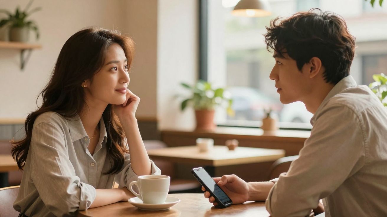 Casal jovem numa conversa num café, com uma chávena de café na mesa e luz natural pela janela.