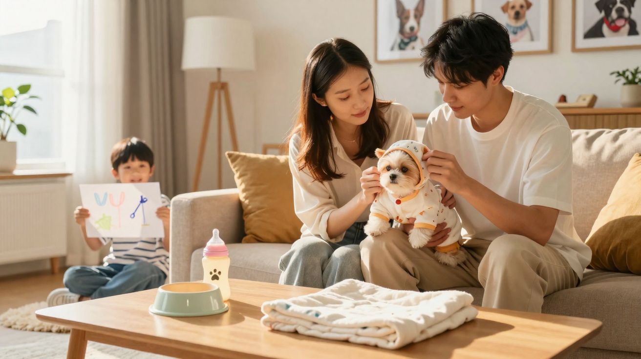 Casal veste cão com roupa, criança mostra desenho, numa sala de estar acolhedora com sofá e mesa de madeira.