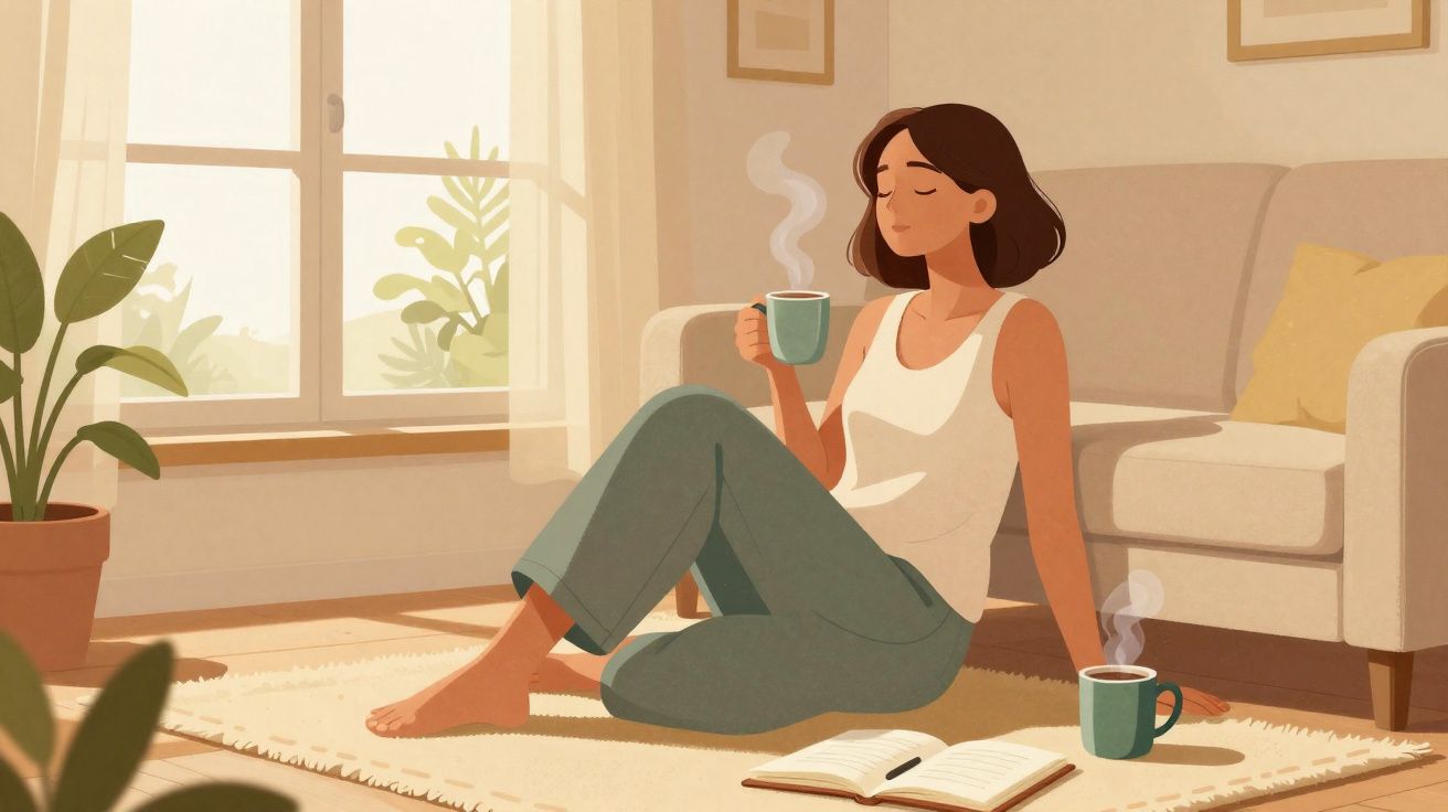 Mulher sentada no chão a beber chá, relaxada, junto a um sofá e com um livro aberto.