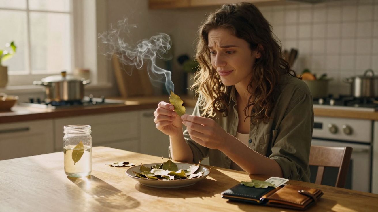 Mulher a queimar folhas de louro numa cozinha, com expressão preocupada e fumo a sair das folhas.
