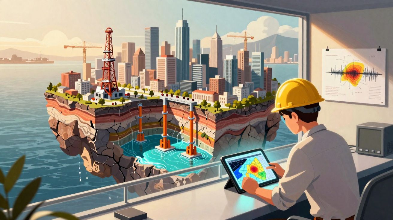 Engenheiro analisa dados sísmicos numa cidade flutuante com instalação de energia submarina.