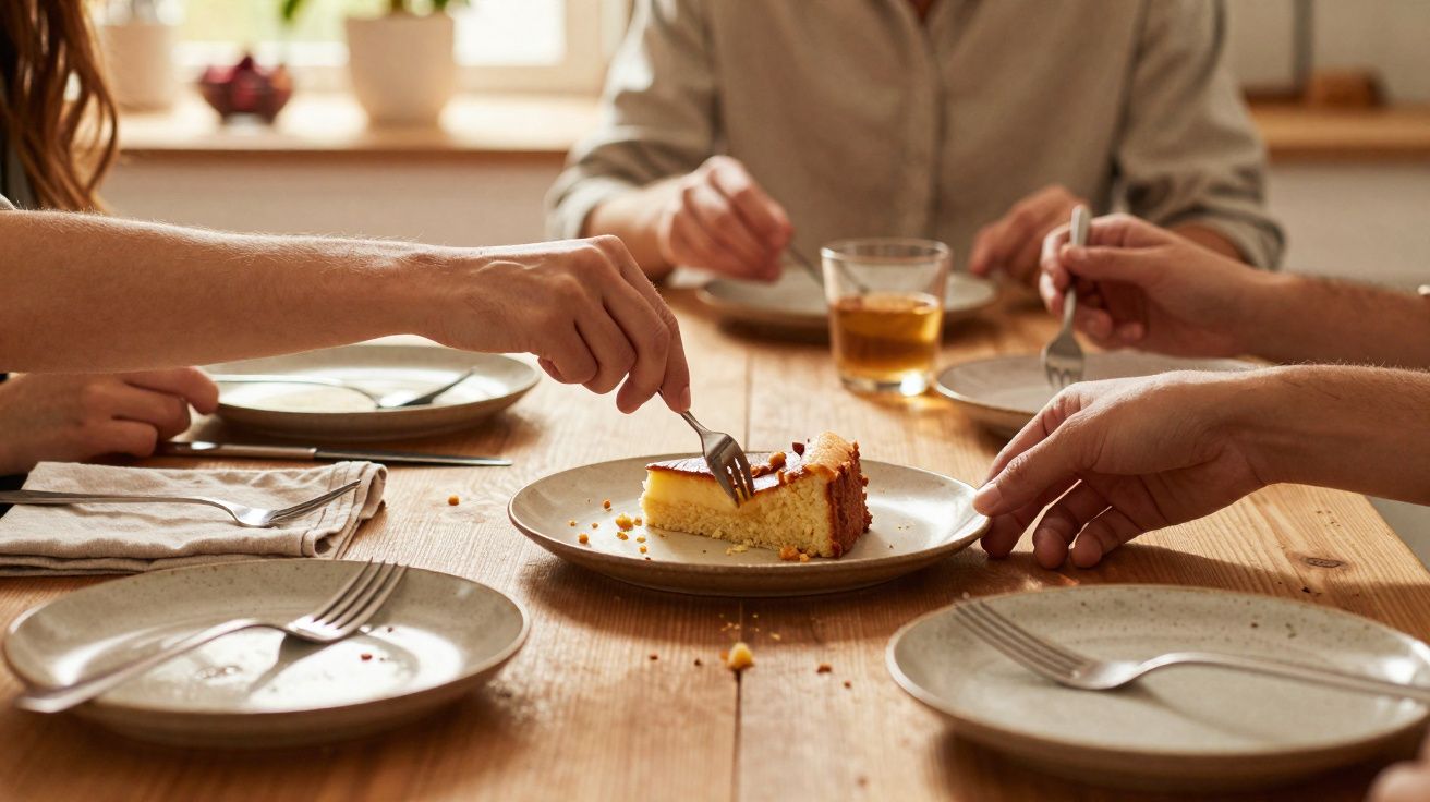 Pessoas à volta da mesa a partilhar uma fatia de bolo com garfos, em ambiente acolhedor e luminoso.