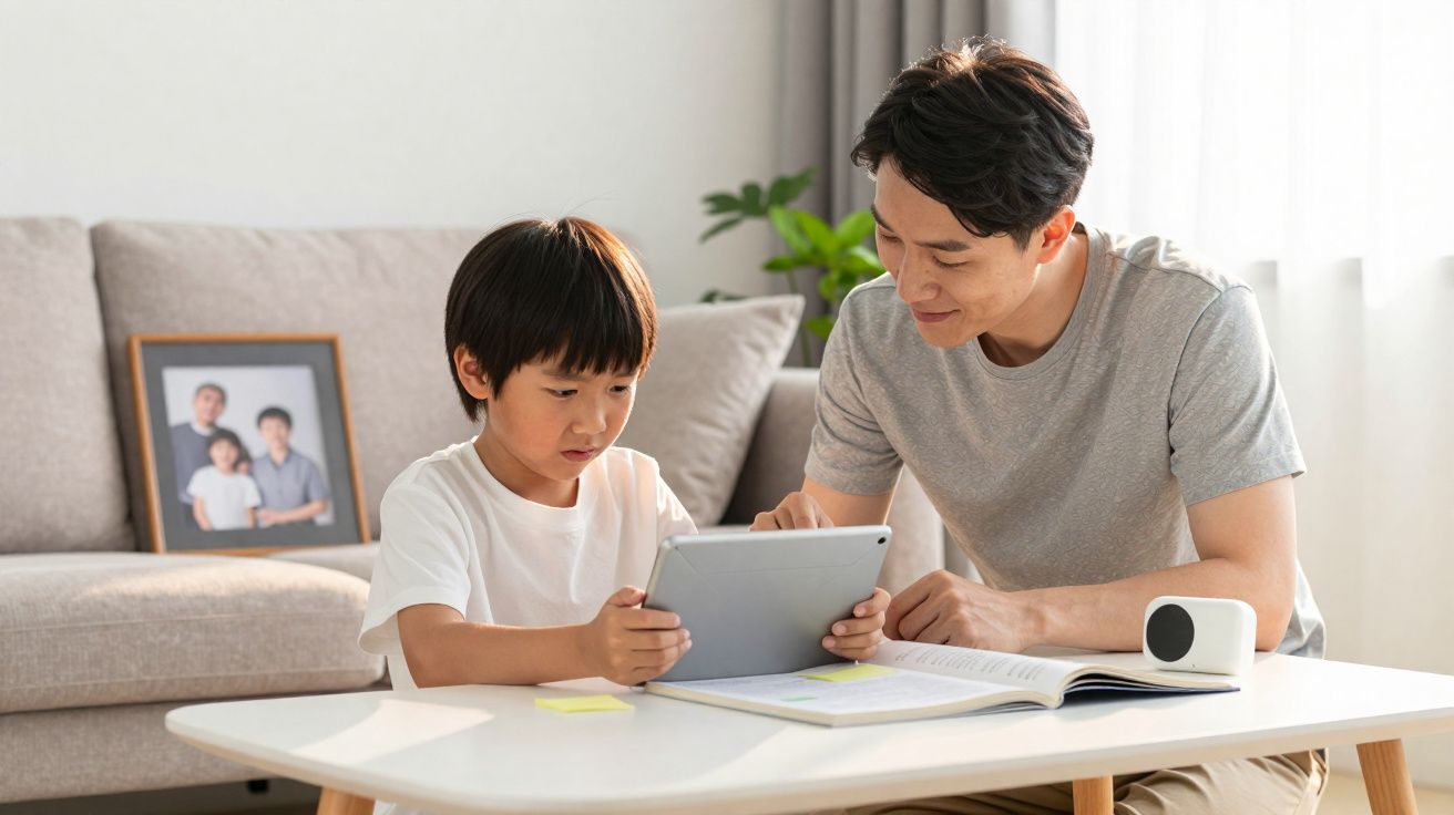 Pai ajuda filho com estudo usando tablet numa sala de estar iluminada e confortável.
