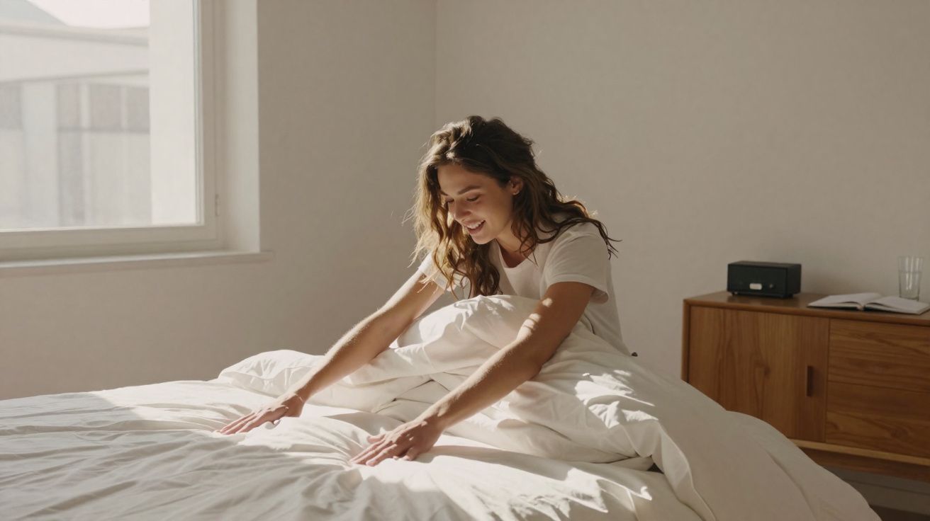 Mulher sorridente a arrumar a cama com luz natural a entrar pela janela em quarto minimalista.