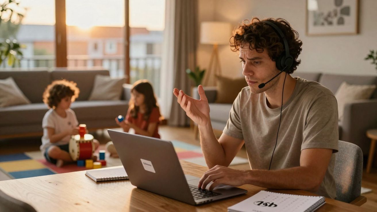 Homem de auriculares a trabalhar no computador enquanto crianças brincam ao fundo numa sala iluminada.