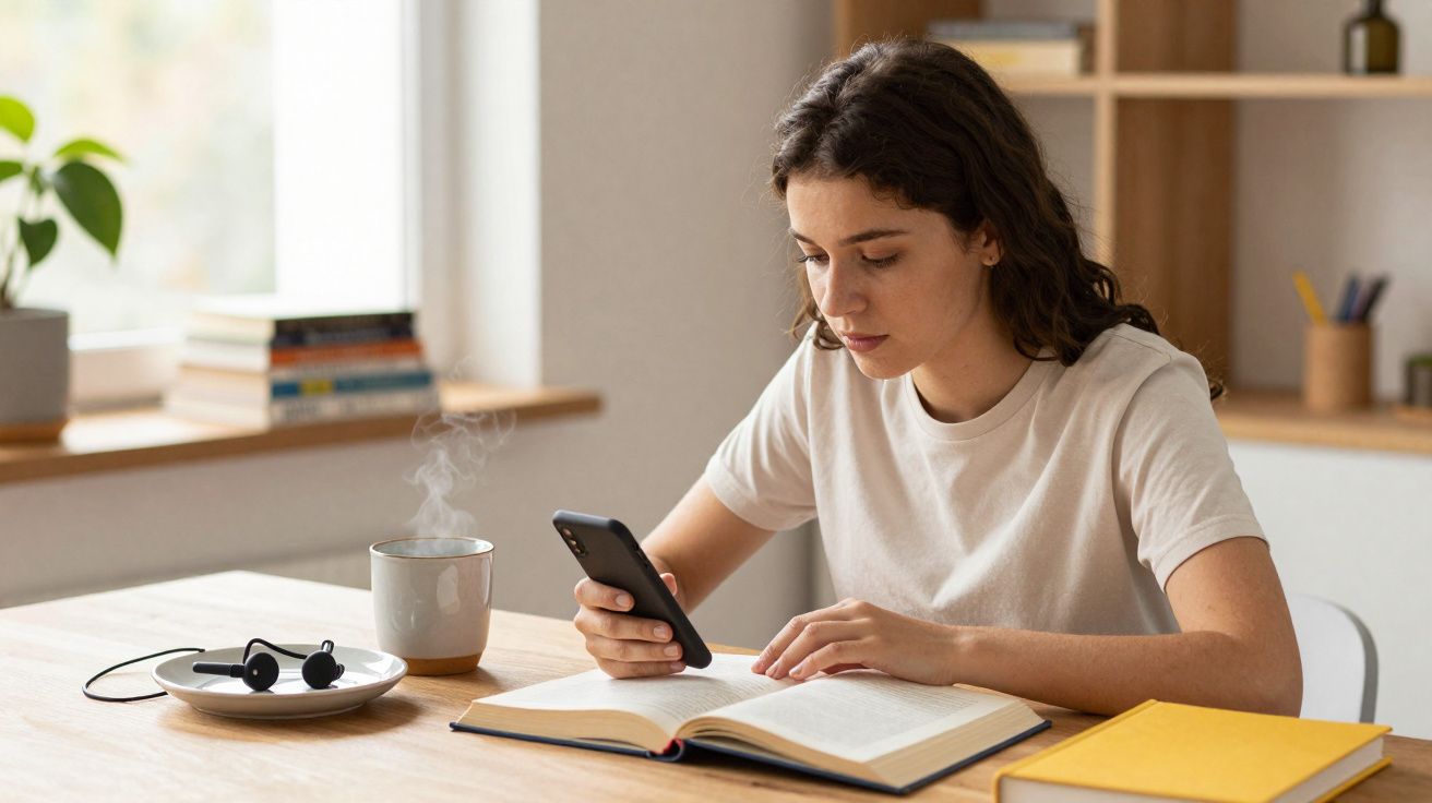 Jovem sentada a ler um livro, a consultar o telemóvel, com chá quente e auscultadores numa mesa.