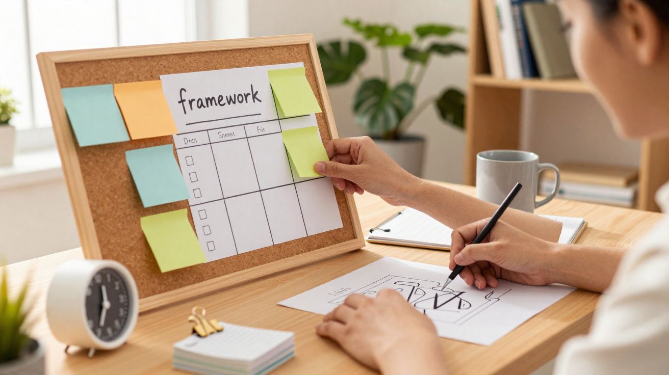 Pessoa a organizar notas adesivas num quadro de cortiça e a fazer um desenho numa mesa de trabalho.