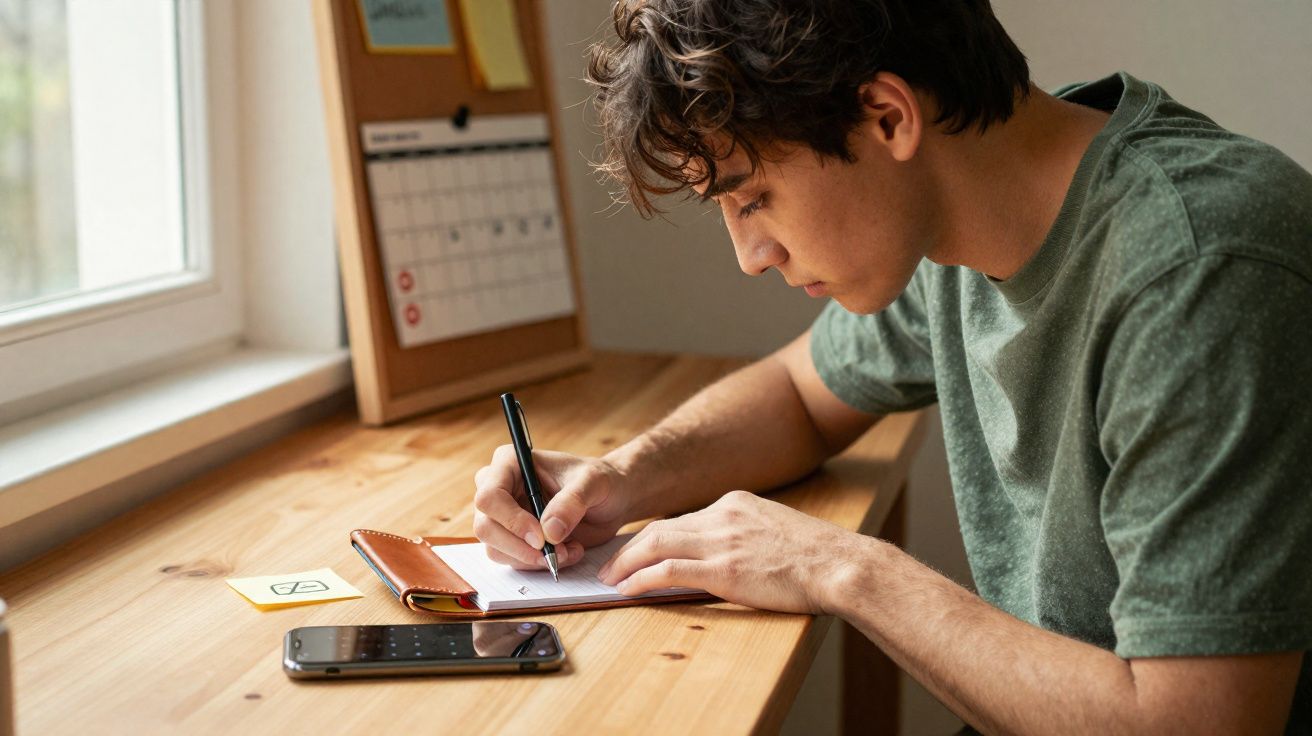 Jovem a escrever numa secretária de madeira, com um telemóvel e carteira ao lado, perto de uma janela.