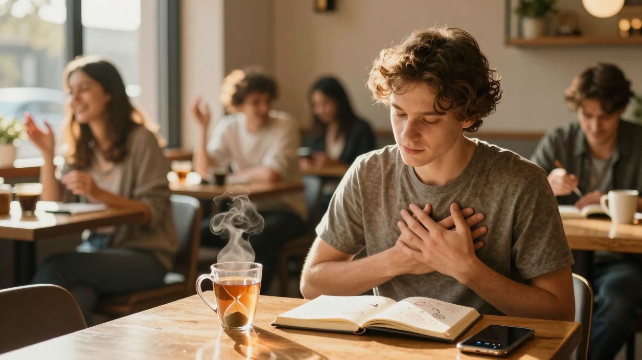 Jovem sentado numa mesa de café, com chá quente, lê um livro com as mãos no peito.