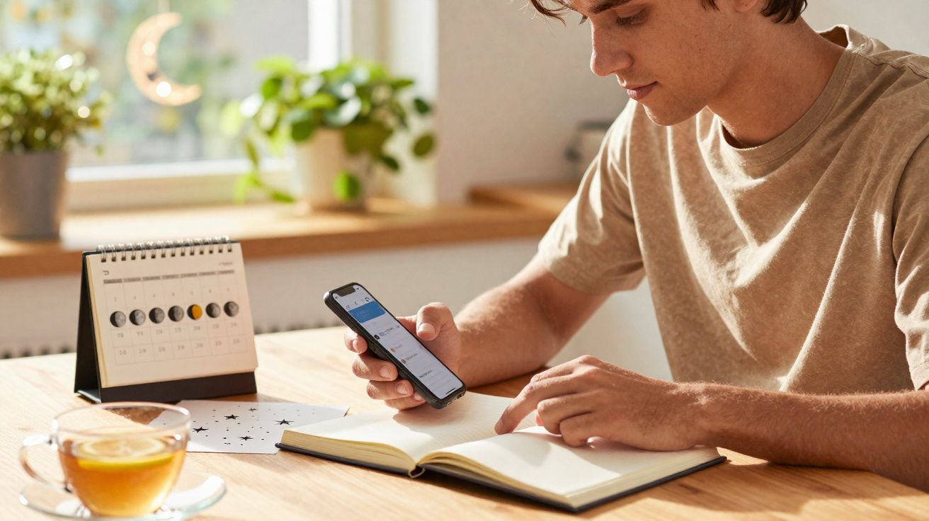 Jovem sentado à mesa a consultar o telemóvel e a apontar num caderno com chá e calendário lunar à frente.