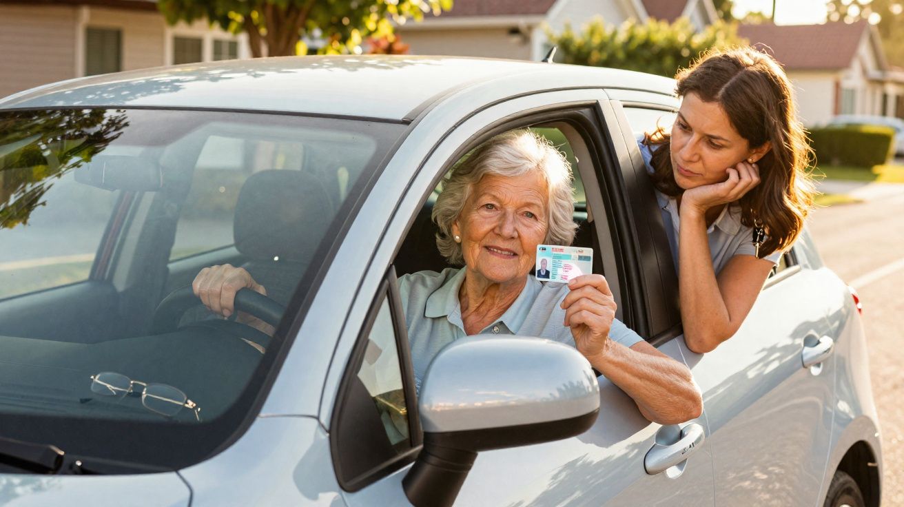 Senhora idosa ao volante mostra carta de condução a mulher mais jovem junto ao carro numa rua residencial.