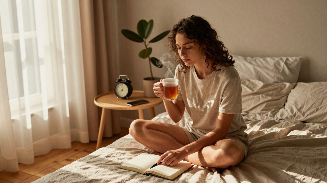 Mulher sentada na cama a ler um livro e a beber chá numa manhã luminosa e acolhedora.