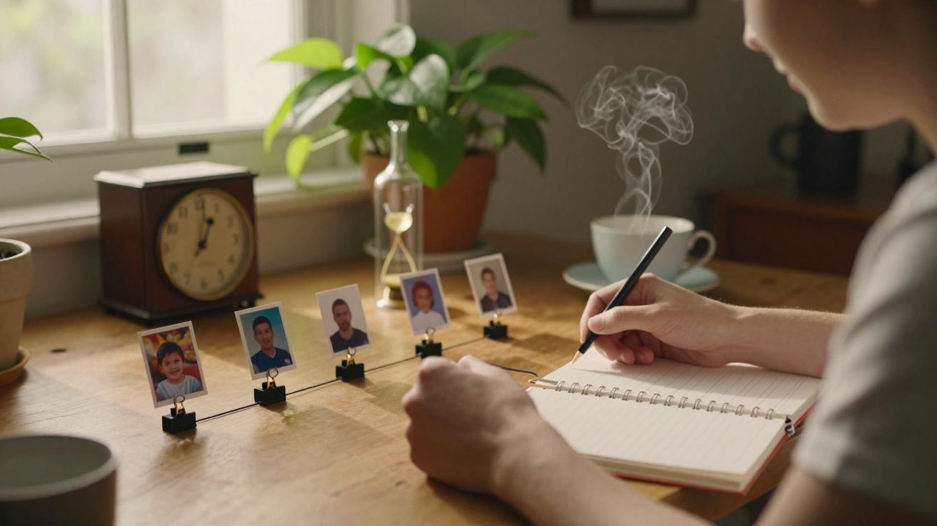 Pessoa escreve num caderno numa mesa com fotos em clips, relógio, vaso e chávena fumegante ao fundo.