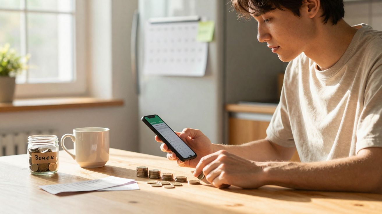 Pessoa jovem conta moedas numa mesa com frasco de poupança, smartphone e documento, num ambiente doméstico iluminado.