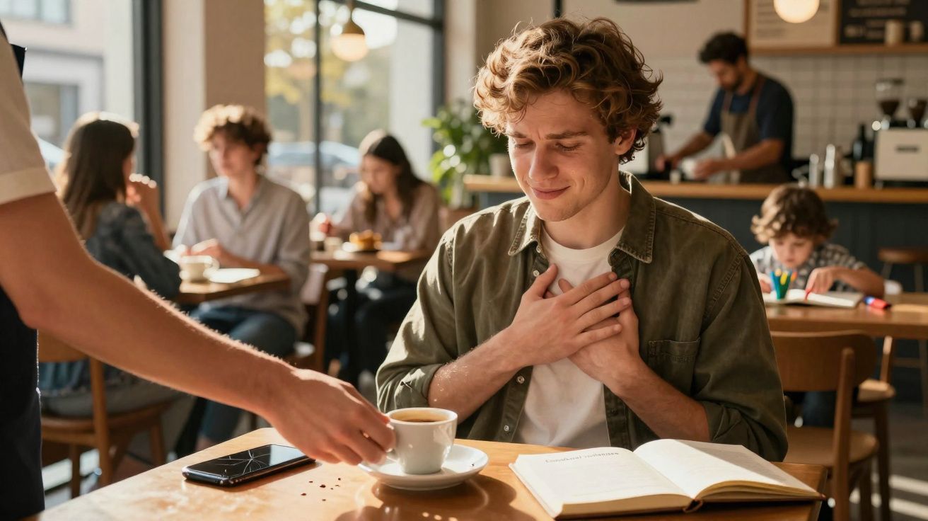 Homem sentado em café recebe uma chávena de café com expressão de gratidão e livro aberto à sua frente.