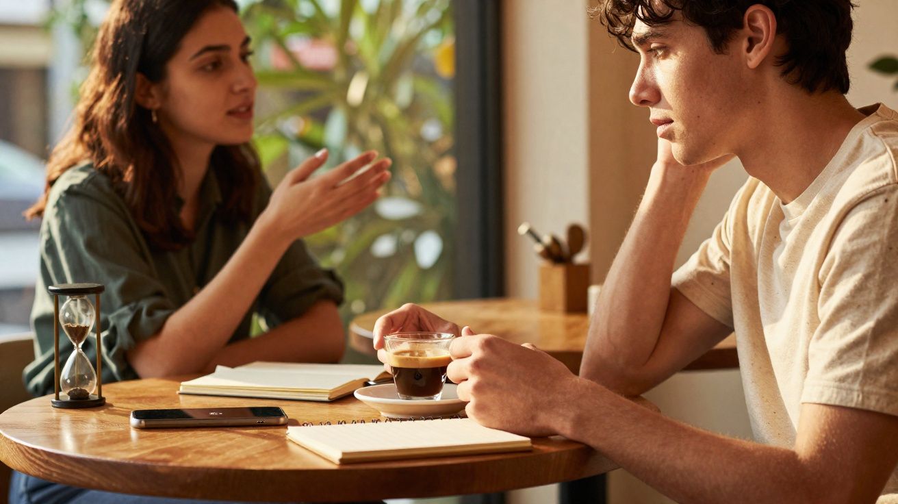 Duas pessoas sentadas a conversar numa cafetaria, uma com chávena de café na mão e livros sobre a mesa.
