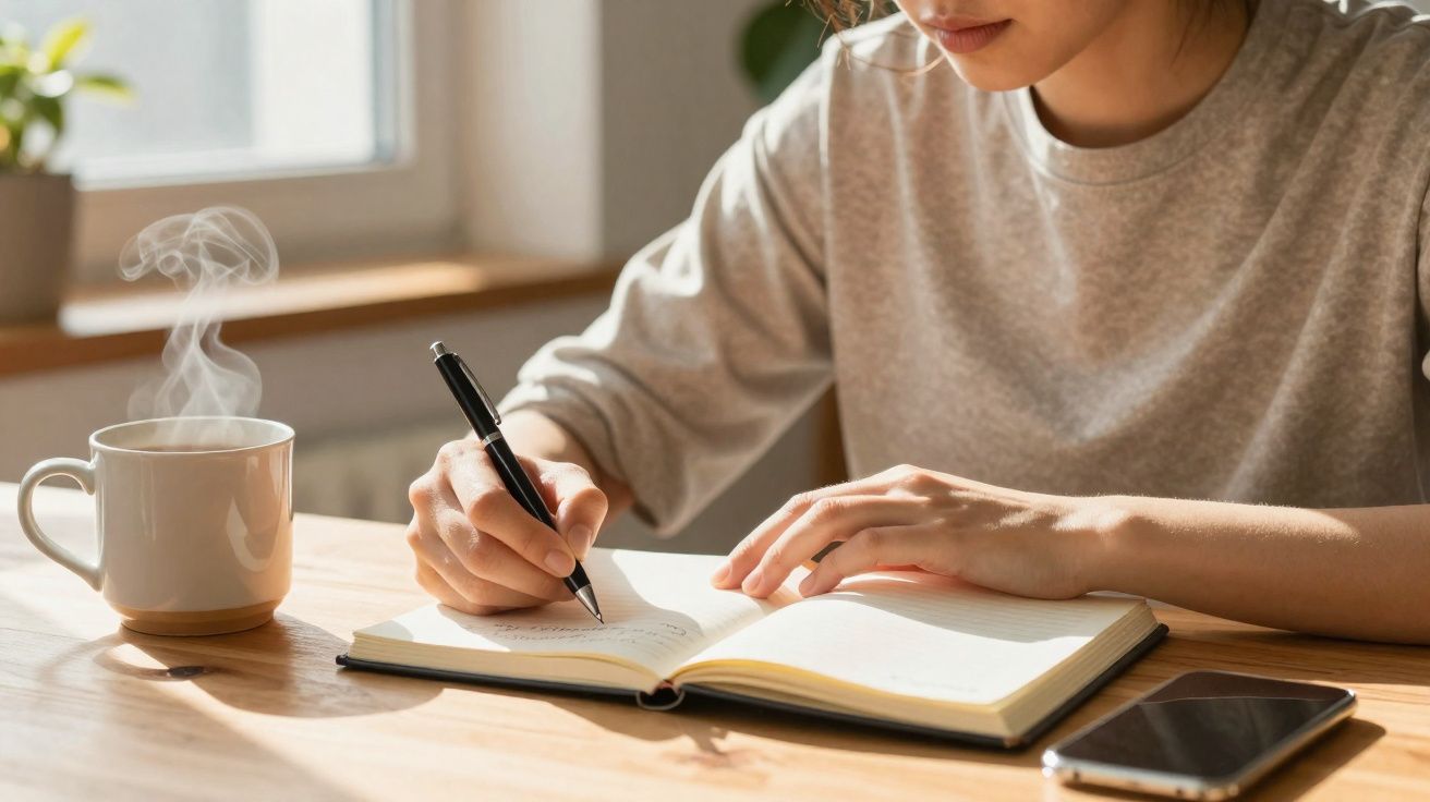 Pessoa a escrever num caderno com uma caneca de café a fumegar e um telemóvel numa mesa de madeira.