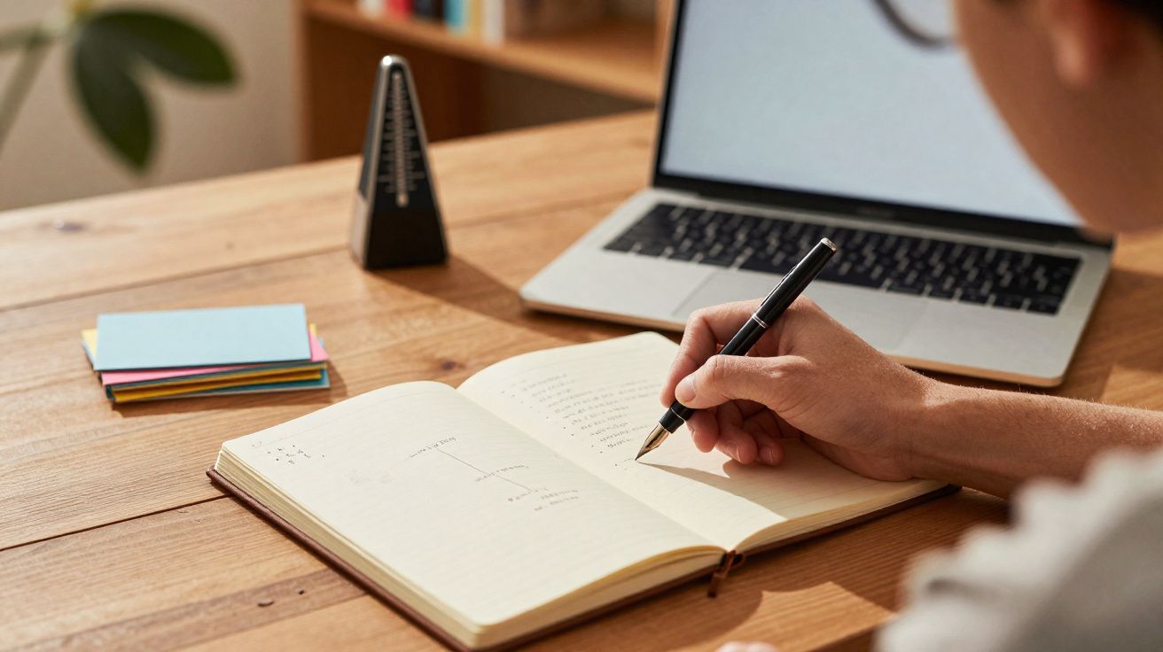 Pessoa a escrever num caderno aberto numa secretária com computador portátil, blocos de notas e metrónomo.