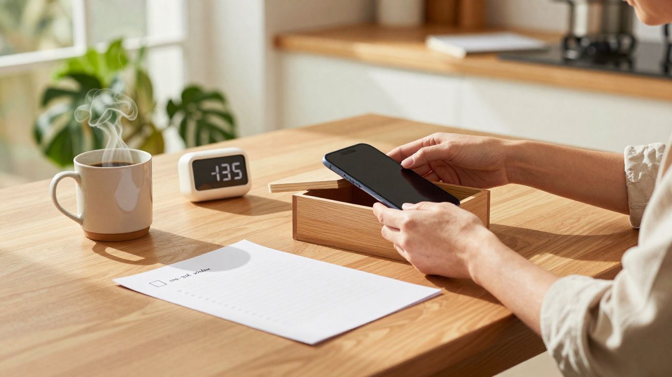 Mãos seguram um telemóvel próximo de uma caixa de madeira numa mesa com chá quente, relógio digital e lista de tarefas.