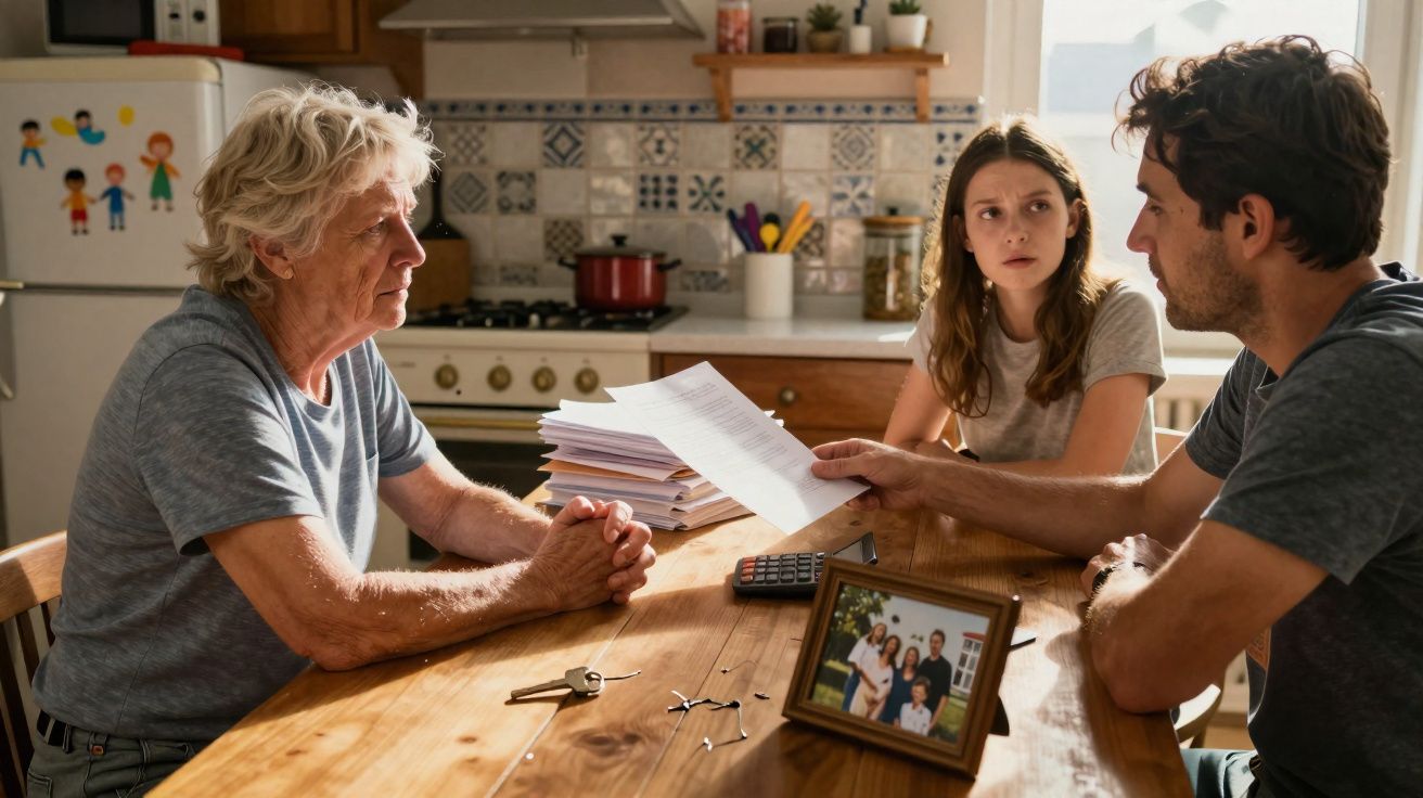 Três pessoas numa cozinha discutem documentos sentados à mesa com chaves, calculadora e foto de família.