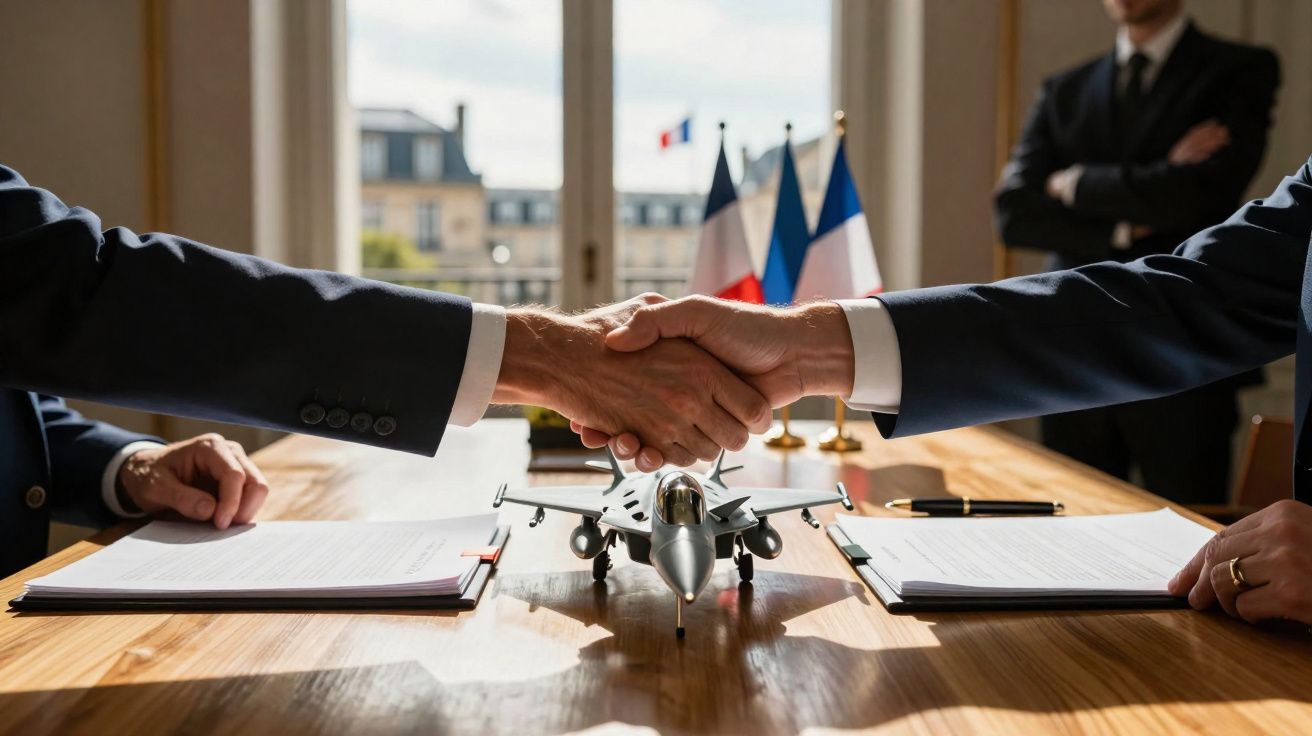 Duas pessoas de fato apertam as mãos sobre uma mesa com um modelo de avião militar e documentos, com bandeiras ao fundo.