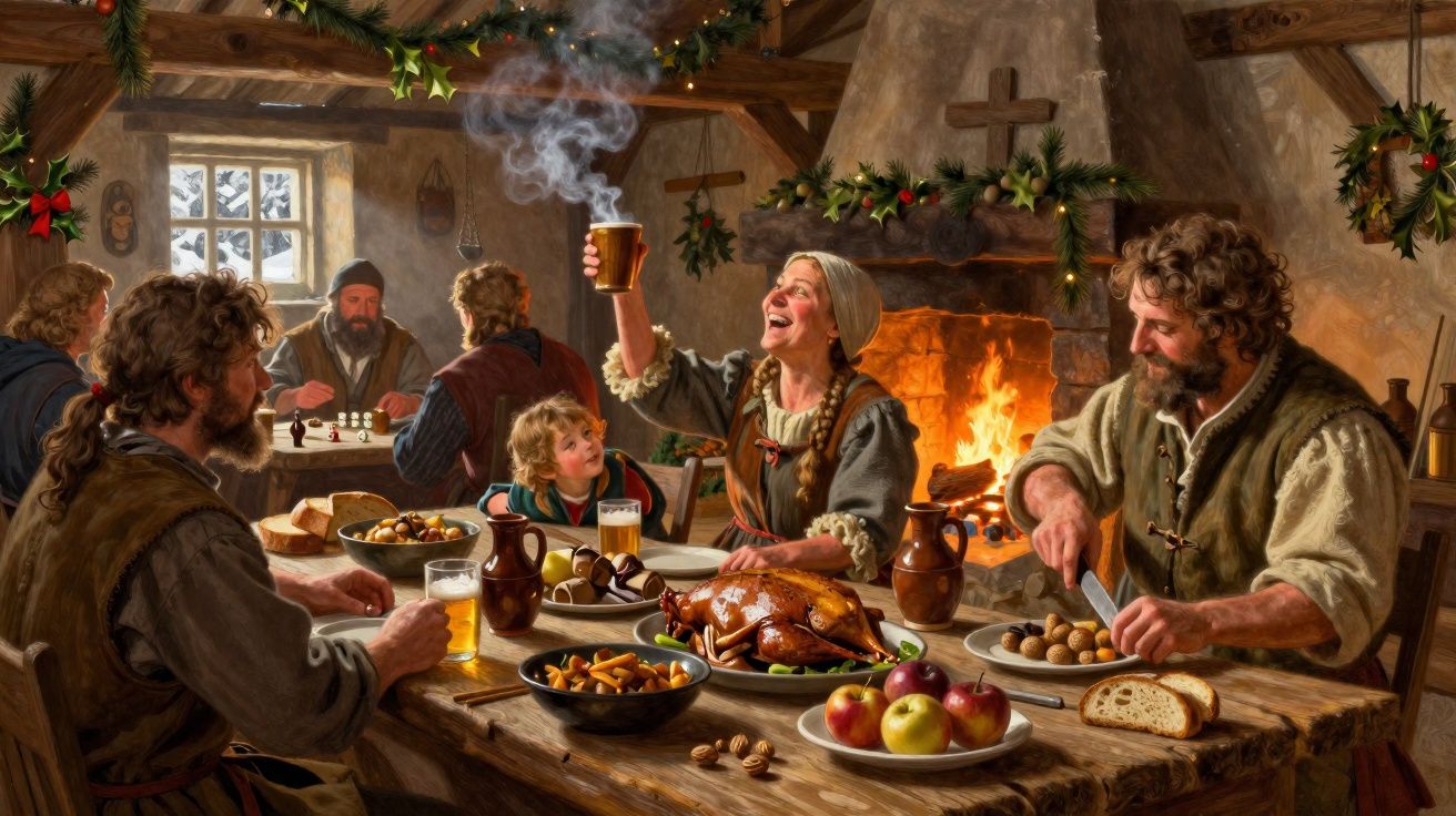 Família medieval reunida à mesa com comida e bebida, junto à lareira decorada para o Natal.