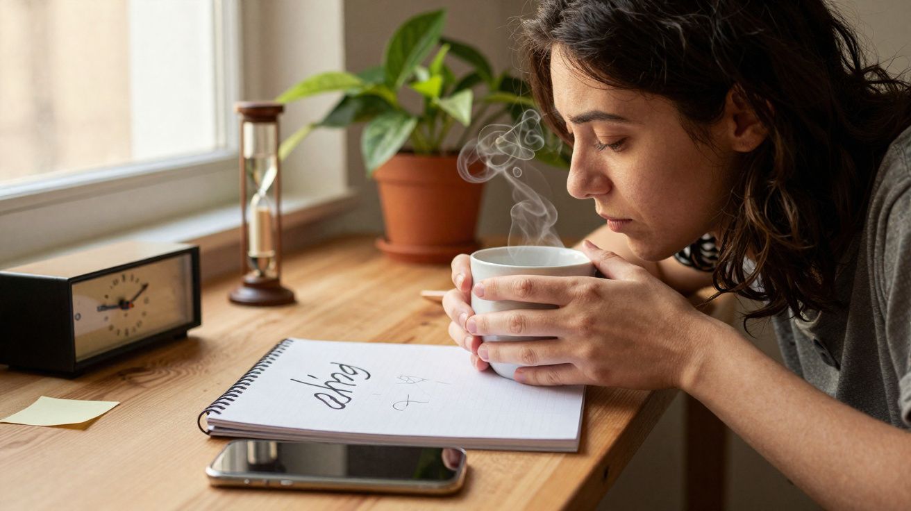 Mulher a cheirar uma chávena de bebida quente junto a mesa com caderno, telemóvel e relógio analógico.