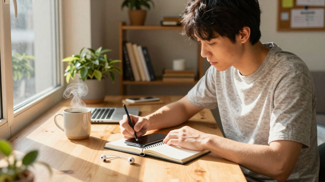 Jovem a estudar e a escrever num caderno à mesa junto à janela com chá quente e auscultadores brancos.