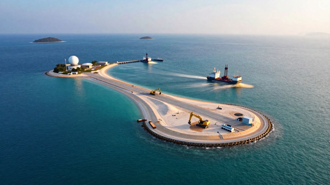 Ilha artificial com construções, máquinas de escavação e um navio em mar calmo ao entardecer.